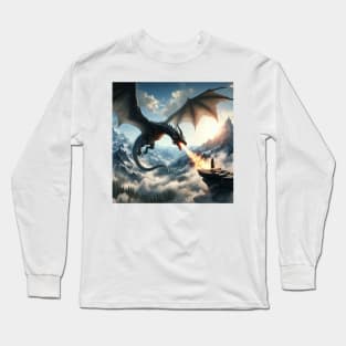 A Fire-Breathing Dragon Unleashes its Flames from the Sky onto a Woman Long Sleeve T-Shirt